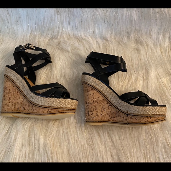 New! CUTE BLACK WEDGE with peep-toe Roseau JustFab - Picture 1 of 8